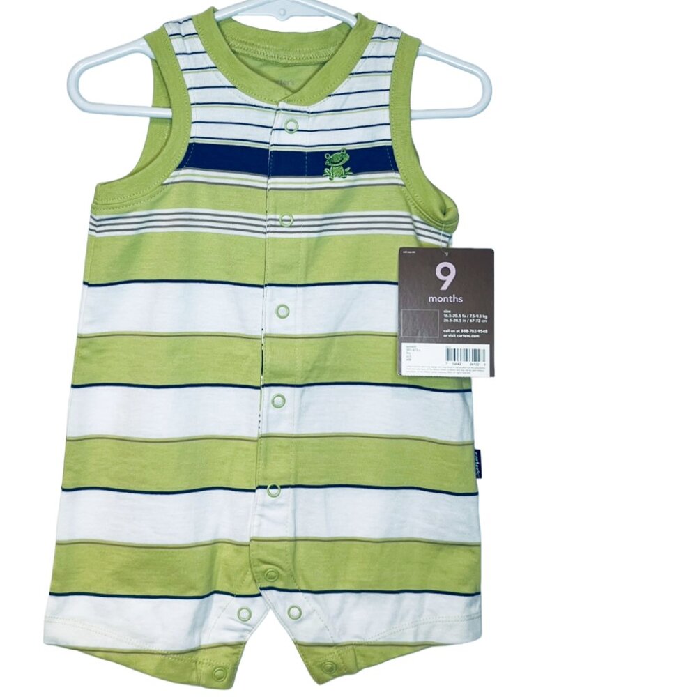 Carters - NWT 6-9mo pale green & white shortall
